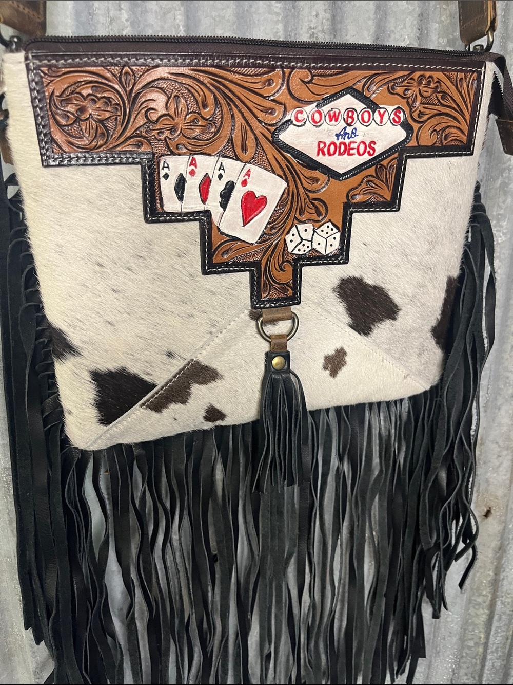 American Darling Black Fringe Cowhide Crossbody with Tooled Leather Accent - Picture 2 of 5